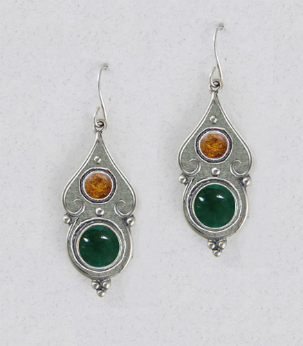 Sterling Silver Gothic Look With Fluorite And Amber Gemstone Drop Dangle Earrings